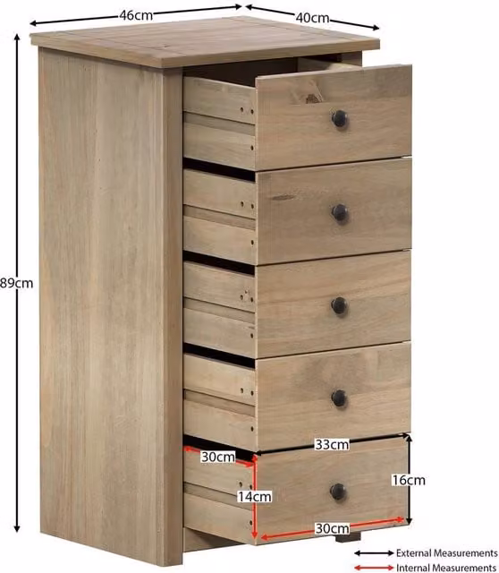 FORGEVIO 5 Drawer Narrow Chest in Natural Rustic Waxed Solid Pine