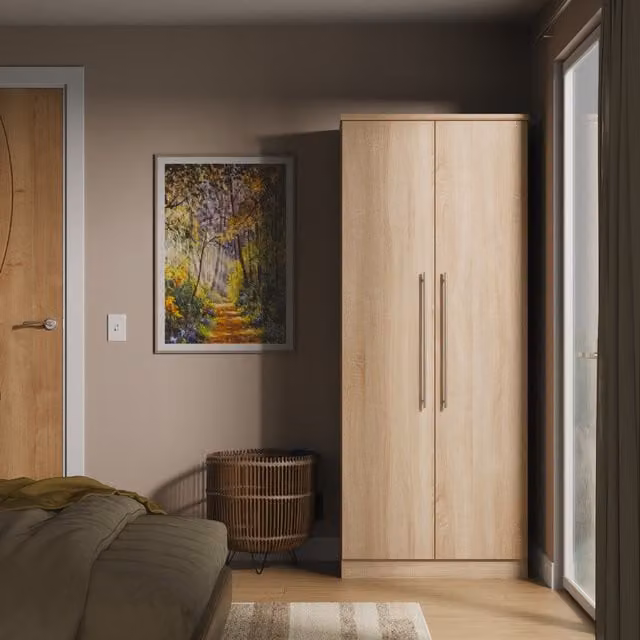 Sherwood Ready Assembled Plain Wardrobe in Bardolino Oak with Integrated Drawers, Width: 76.2 cm