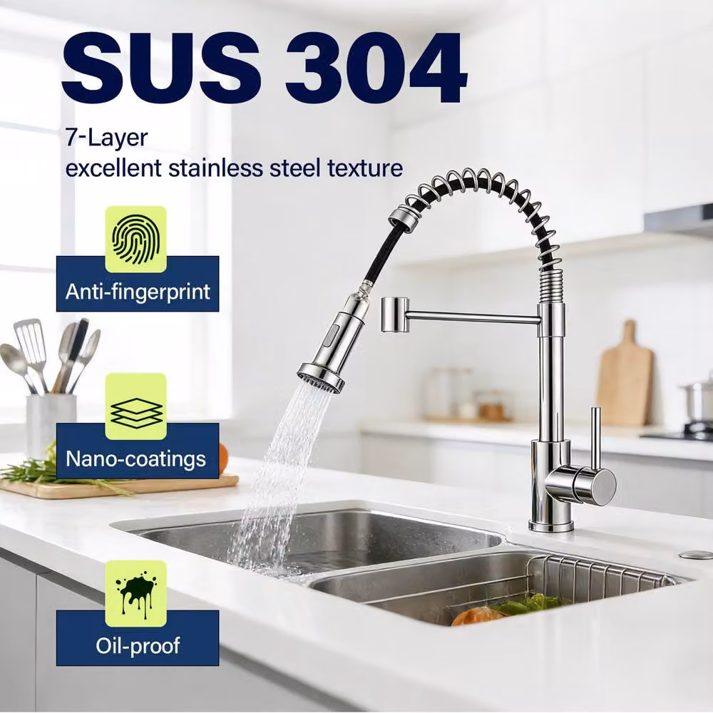 INMTFEI Stainless Steel Kitchen Sink Tap with Dual Spray and Pull Out Spout in Silver – 6