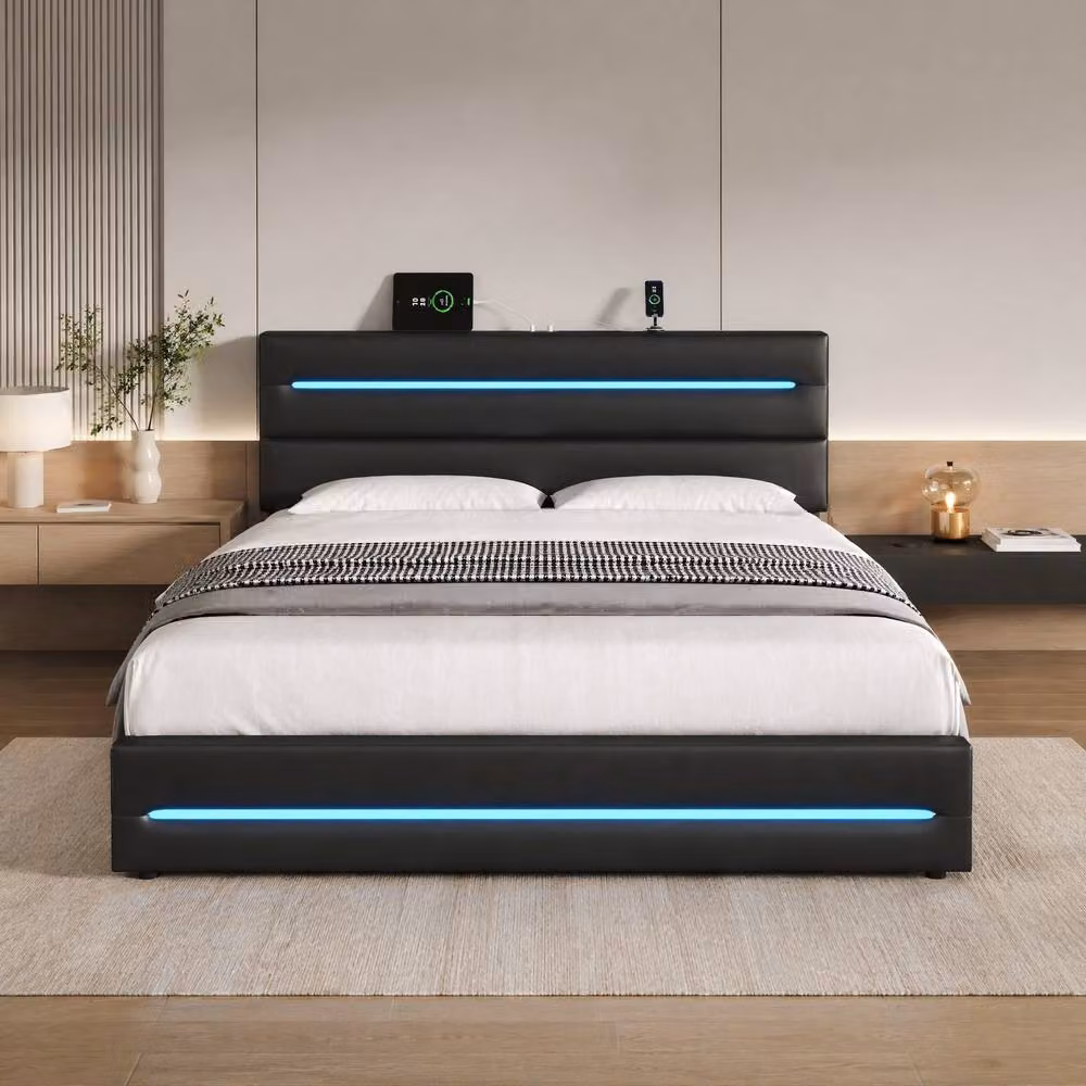 STILVORA Double Ottoman Bed with Storage, LED Lighting and USB Charging Port in Black – 2