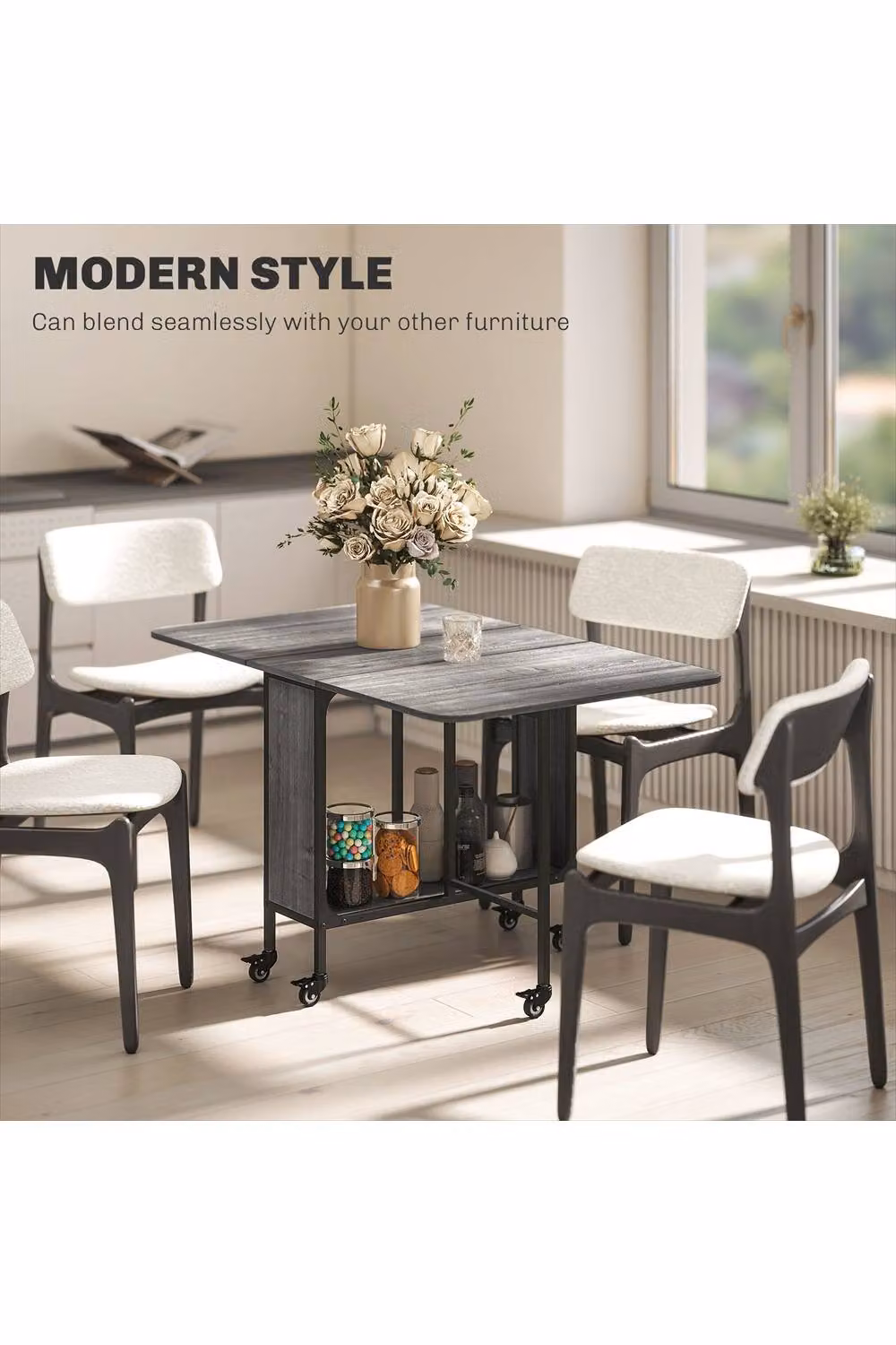 ERGOVEXA Six-Person Modern Drop Leaf Dining Table in Grey, W/D/H: 130 x 80 x 74 cm – 2
