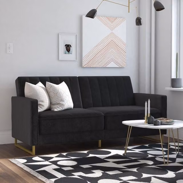Novogratz Skylar Upholstered Velvet Sofa Bed with Gold Metal Frame in Black