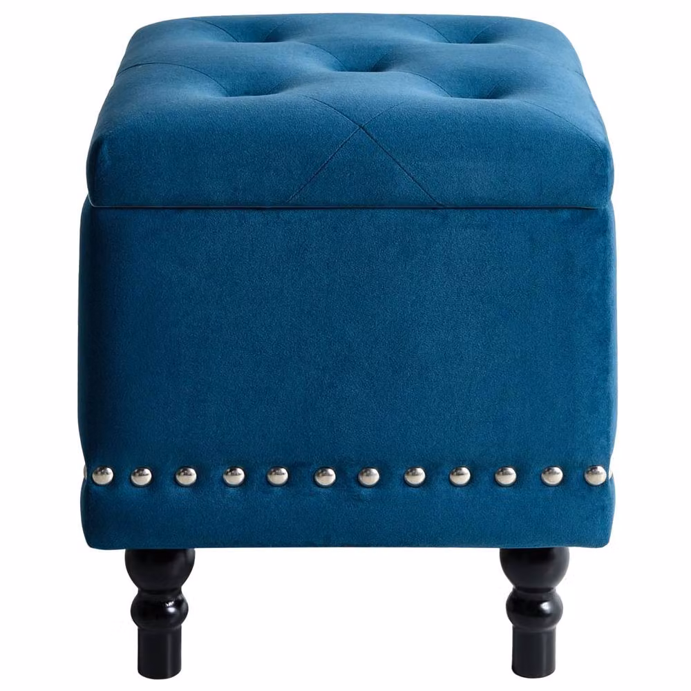 Wyld and Coco Velvet Ottoman in Deep Blue with Tufted Seat and Nailhead Trim – 5