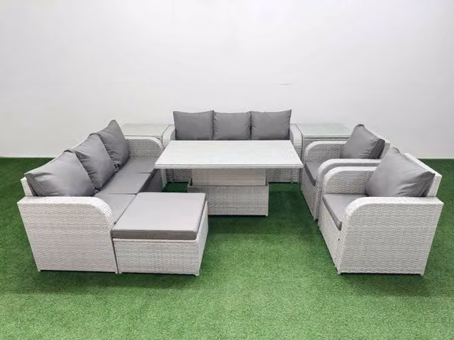 Fimous Grey PE Rattan High Back Lounge Sofa Set with 3 Seater Reclining Chair and Adjustable Lifting Dining or Coffee Table