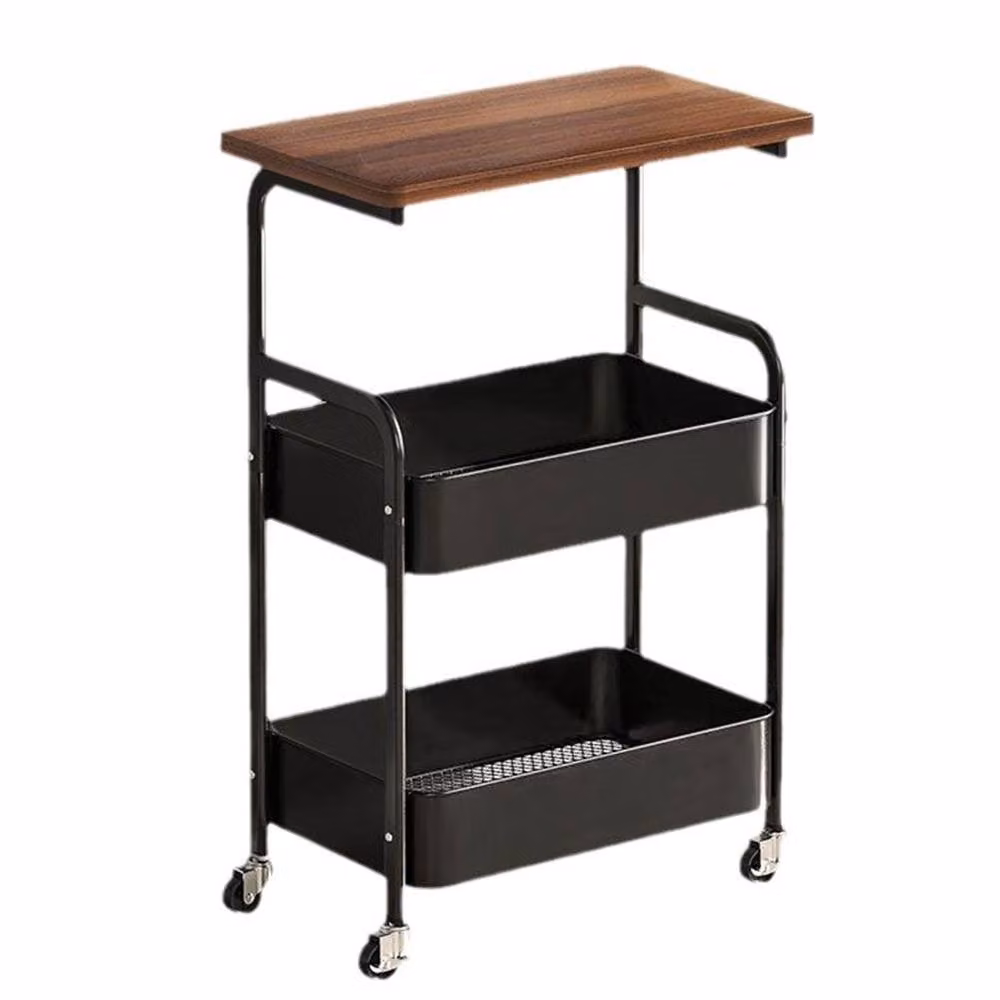 Ventryn Modern Mobile Storage Cart with Wooden Desktop and Sturdy Metal Frame in Black and Brown – 4