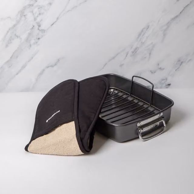MasterClass Non-Stick Large Roasting Tin with Rack and Heavy-Duty Double Oven Gloves, Grey and Black