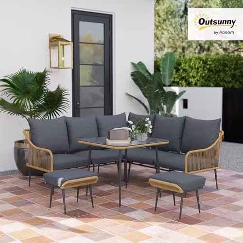 Outsunny 6 Piece L-Shape Rattan Garden Furniture Set with Upholstered Cushions in Brown and Grey – 2