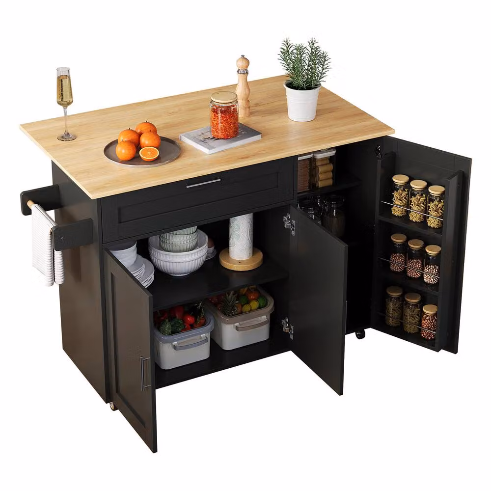 Rolipo Rolling Kitchen Island Cart with Drop Leaf Tabletop and Cabinet in Black – 7