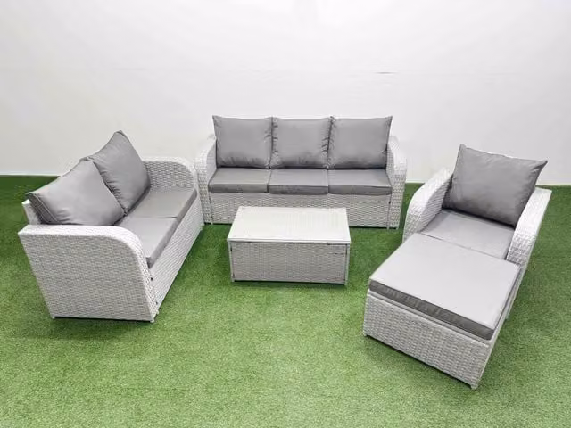 Fimous Patio 7 Seater Grey PE Wicker Rattan Outdoor Furniture Set with Coffee Table, 3 Seater Sofa, 2 Seater Sofa and Reclining Chairs