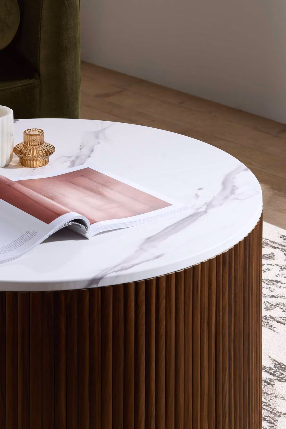Birlea Kagu Round Coffee Table with Fluted Ribbed Walnut and Marble Effect in Brown – 4