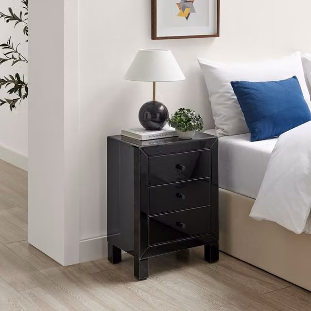FurnitureboxUK Lexi Large Wooden Bedside Table with 3 Drawers and Modern Black Mirrored Finish