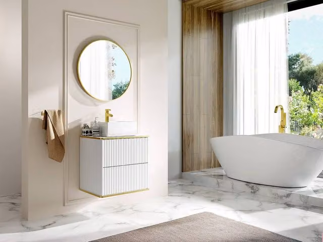 Vente-unique Suspended Striped Bathroom Cabinet with Gold Trim in White, W/D/H: 60 x 47 x 54 cm