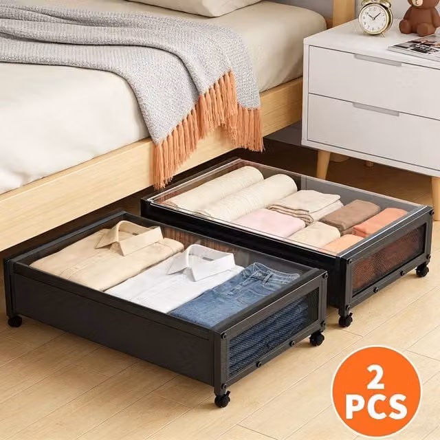 PAWNORA 2x Large Underbed Storage Boxes with Wheels in Black Matt Metal – 1