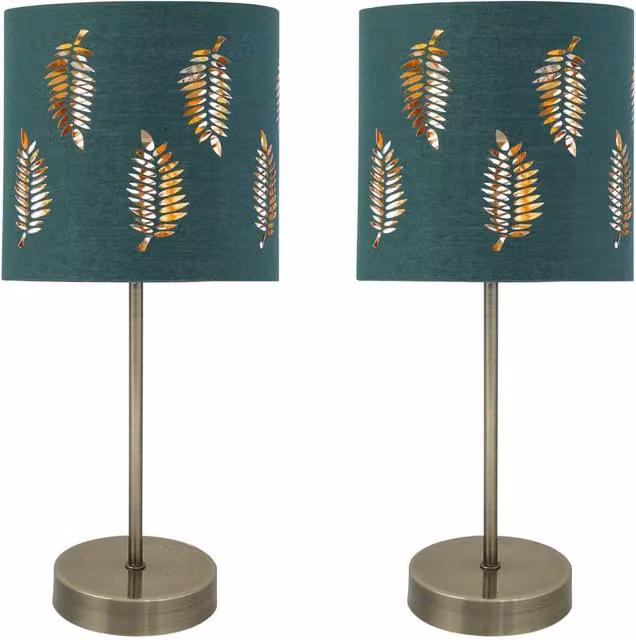 First Choice Lighting Set of 2 Antique Brass Stick Table Lamps with Green Fabric Shades