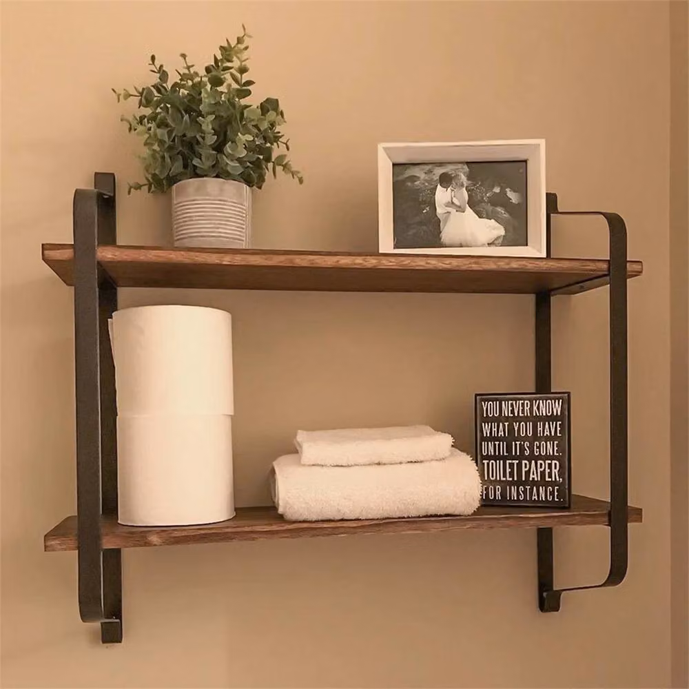 NESTLUNE 2 Tier Rustic Floating Pine Wood Wall Shelves in Brown and Black, W: 100 cm, D: 15 cm, H: 10 cm – 2