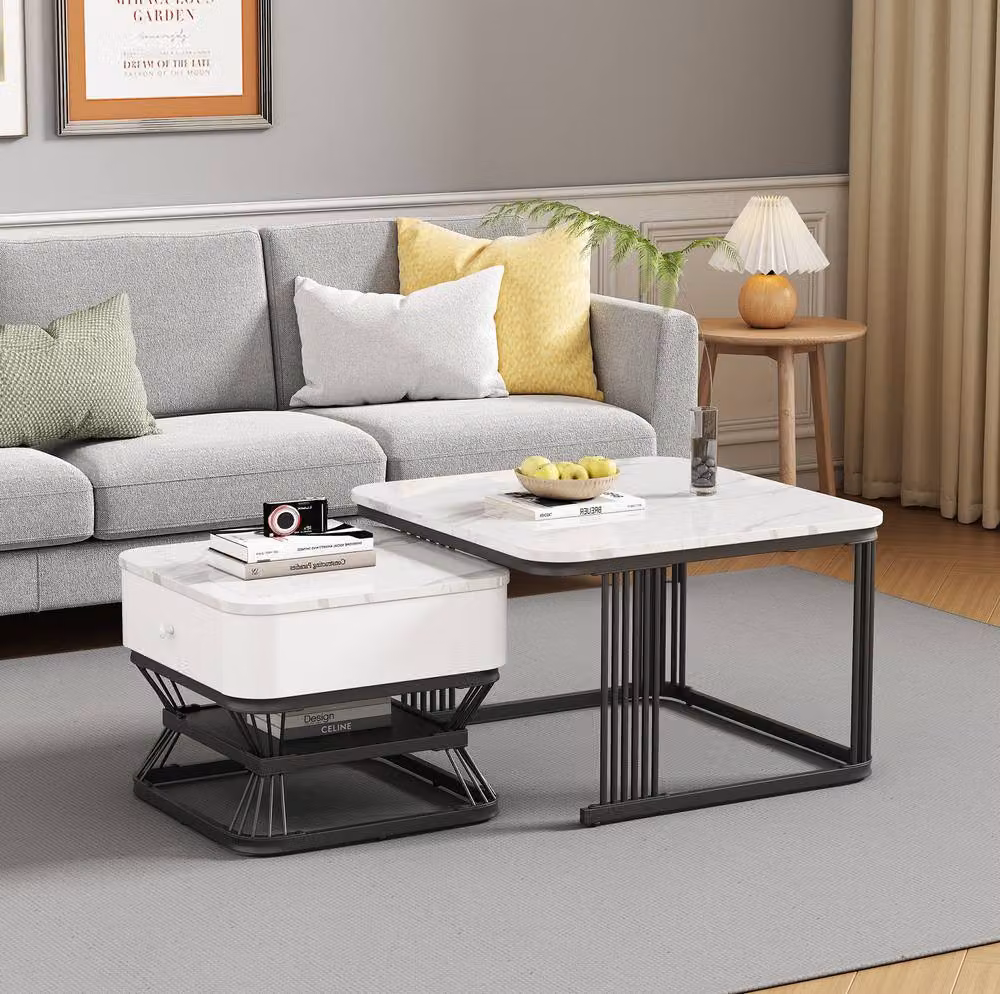 STILVORA Nesting Coffee Table Set of 2 with Drawer in White Glossy Finish – 2