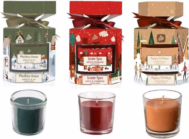 Pan Aroma Christmas Scented Candle Set with Gingerbread, Apricot, Ivy, Apple and Cinnamon Scents, 120g - Red, Green and Brown