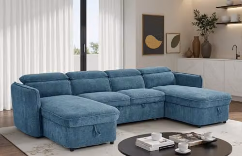 Beehive Furniture Corfu U-Shaped Corner Sofa Bed in Blue Upholstered Fabric with Reversible Sleeping Function and Adjustable Headrests – 3