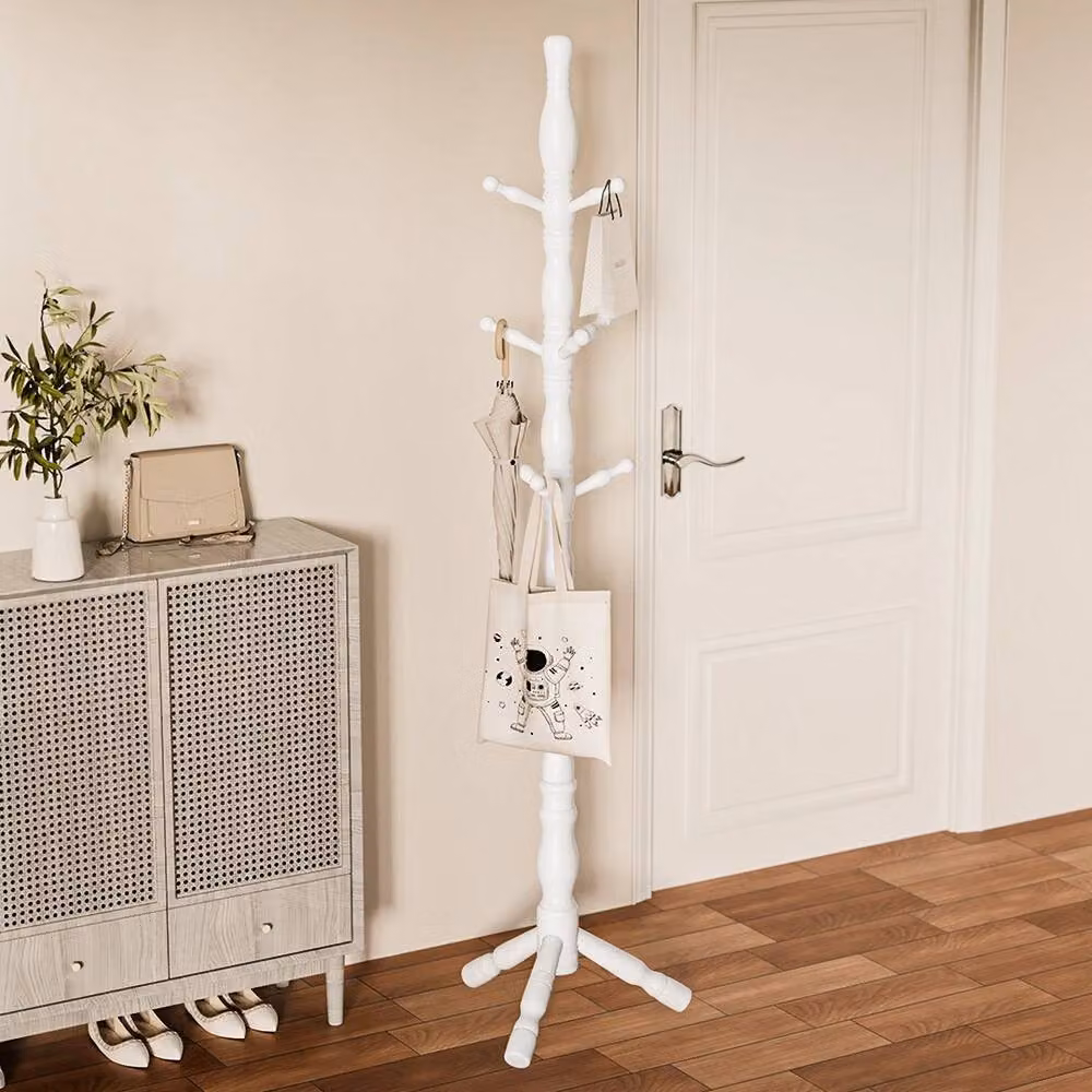 VOGREX Vintage Solid Wood Coat Stand with 9 Hooks in White – 2