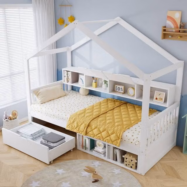Rolipo Childrens White Wooden House Bed with Storage Drawers and Guardrail, W/D/H: 90 x 190 cm – 1