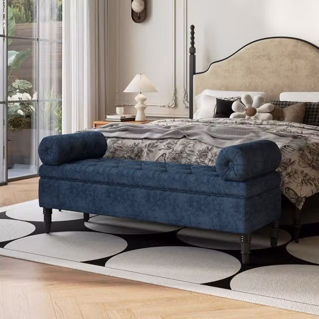 Livingandhome Blue Chesterfield Chenille Upholstered Bench with Hidden Storage