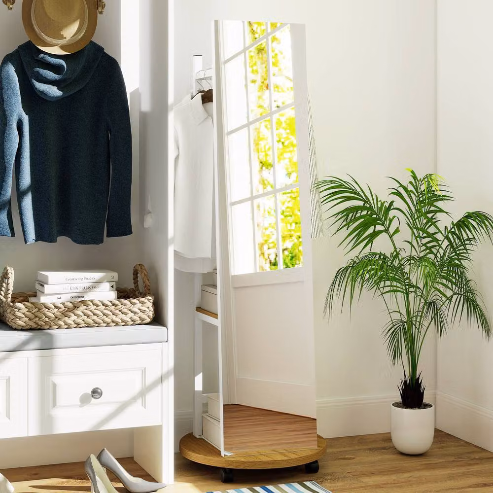 Costway Coat Rack with Full Length Mirror, 3 Hooks and Storage Shelves in Natural – 4