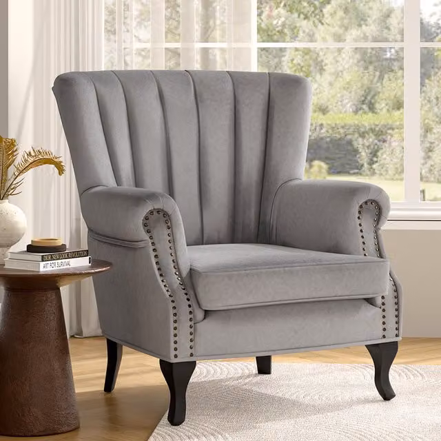 Komore Vintage Grey Velvet Armchair with Armrests