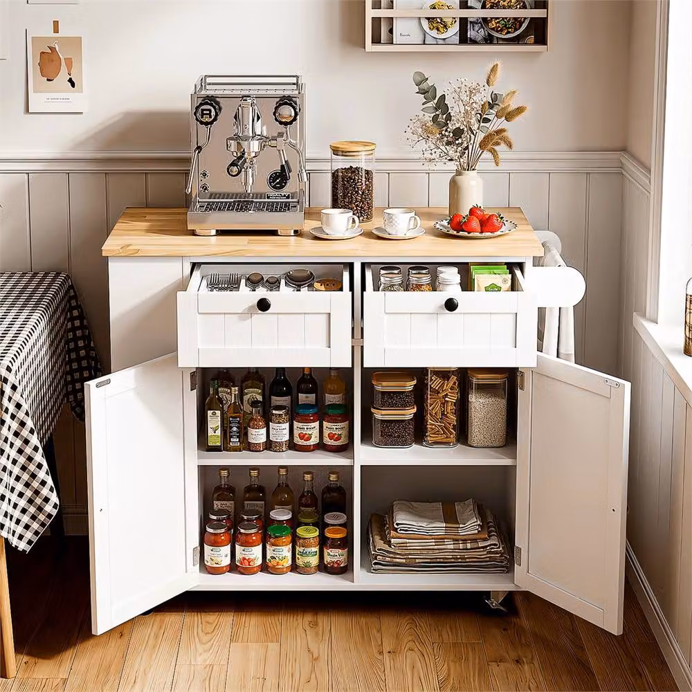 NESTLUNE B White Kitchen Island Rolling Storage Trolley with Rubberwood and Glass – 5