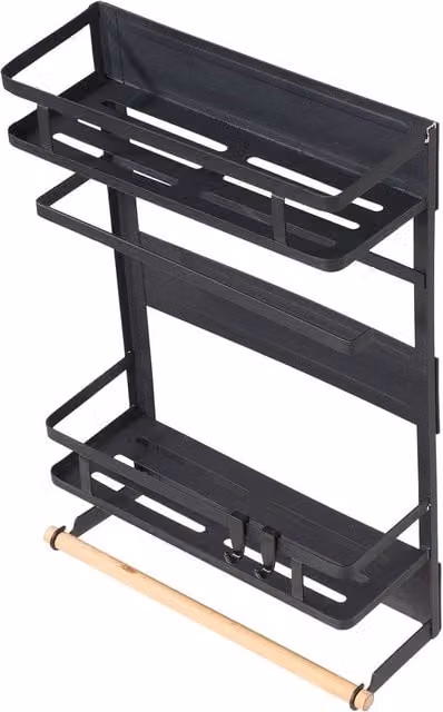 Garden Sanctuary Black Magnetic Fridge Storage Rack with Self-Adhesive Shelf and Removable Hooks