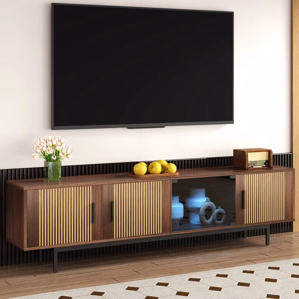 Merax Walnut Wood Lowboard TV Cabinet with Tempered Glass Door and LED Lighting, W: 200 cm, H: 53 cm, D: 53 cm – 4
