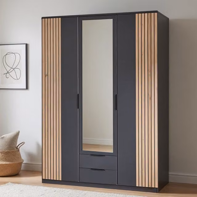Nameer 3 Door Wardrobe with Mirror and Integrated Drawers in Graphite and Oak Slat Effect, Width: 135 cm