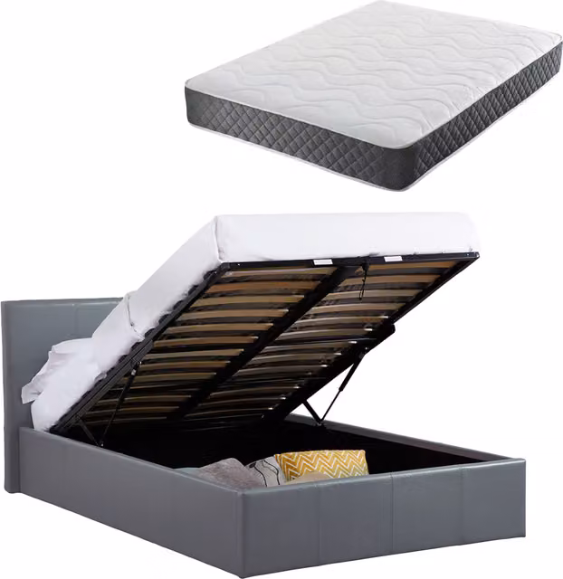 Luna Small Double Ottoman Bed with Hybrid Spring and Foam Mattress, Grey Faux Leather, W/D/H: 120 x 200 cm
