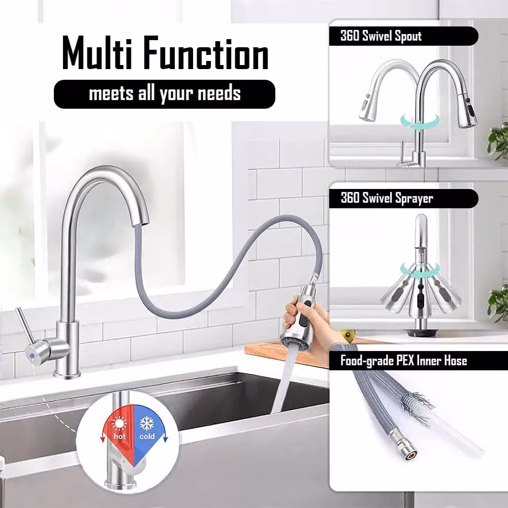 Hinsinc Modern Single Lever Kitchen Sink Mixer Tap with Pull Out Spout and Spray Function in Silver Chrome – 5