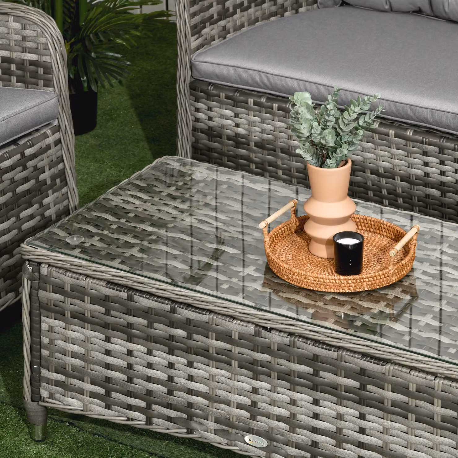 Outsunny 4 Piece Grey Rattan Outdoor Furniture Set with Cushions and Coffee Table – 7