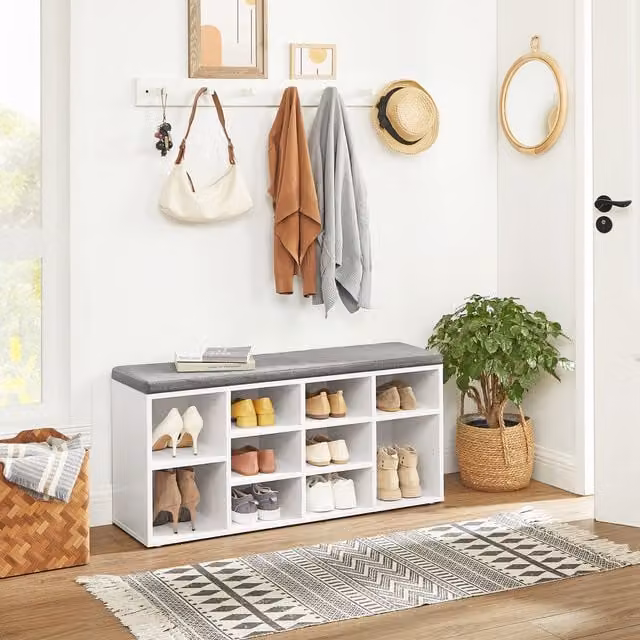 VASAGLE Scandinavian White Shoe Bench with Fabric Cushion and Adjustable Shelves, W/D/H: 104 x 30 x 48 cm