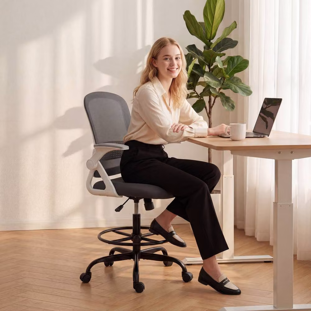 STILVORA Grey Fabric Drafting Chair with Flip-up Armrests and Foot Ring – 10