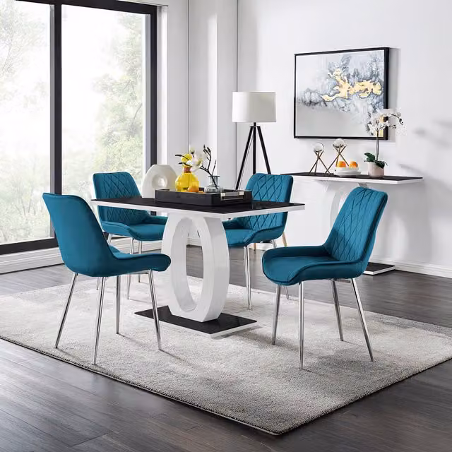FurnitureboxUK Giovani Black Glass Dining Table and Four Blue Upholstered Pesaro Chairs with Silver Legs W/D/H: 120 x 70 x 70 cm