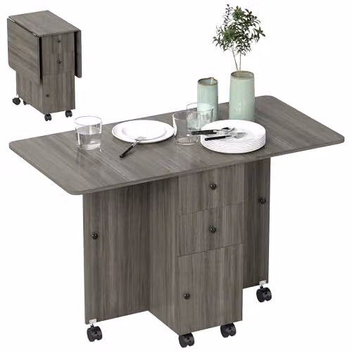 HOMCOM Grey Folding Dining Table with Drop Leaf and Castors, W/D/H: 120 x 60 x 76.5 cm – 1