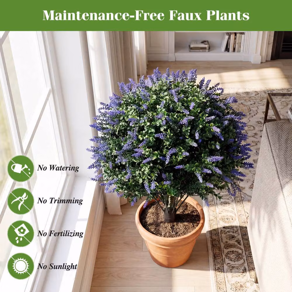 Costway Set of 2 Artificial Lavender and Boxwood Topiary Ball Trees in Green, Purple and Multicolour – 8