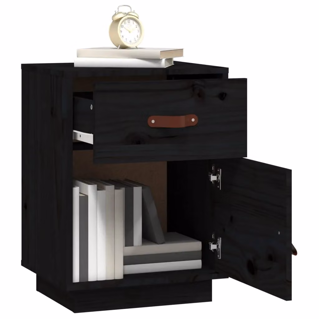 Berkfield Home Black Solid Wood Pine Bedside Cabinet W: 40 cm, D: 34 cm, H: 55 cm – 3