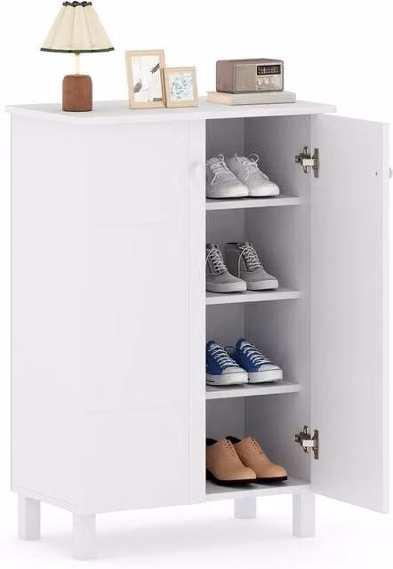 Costway 4-Tier White Shoe Storage Cabinet with Removable Shelves and 2 Hinged Doors