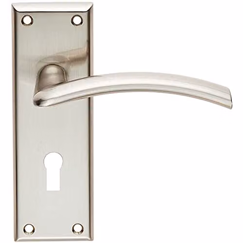 Loops Pair Arched Lever on Lock Backplate Door Handles in Brushed Satin Nickel, W: 150 mm, H: 50 mm