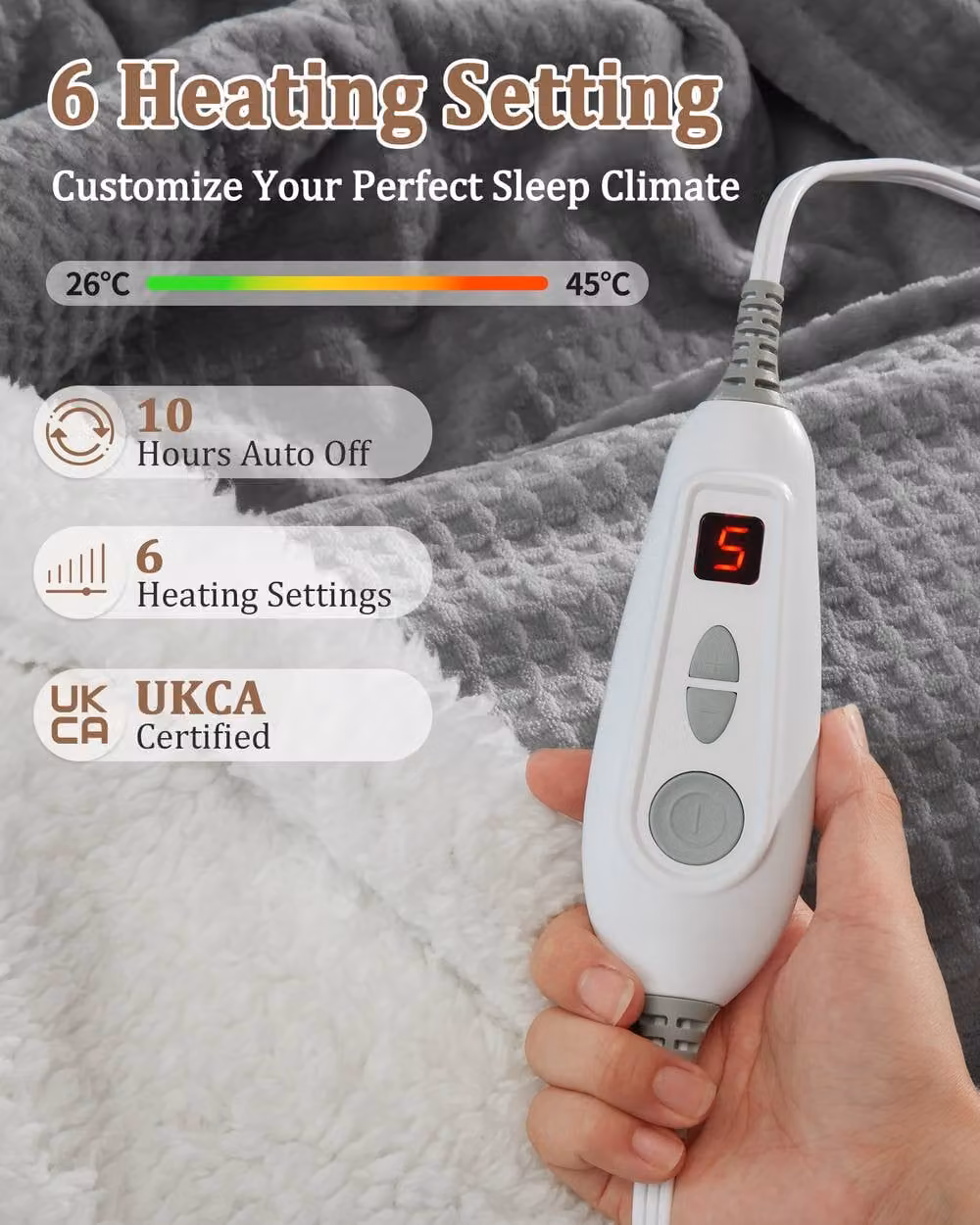 London Boutique Dual-Sided Flannel Electric Heated Blanket in Grey with 6 Heat Levels and 10h Auto-Off – 3