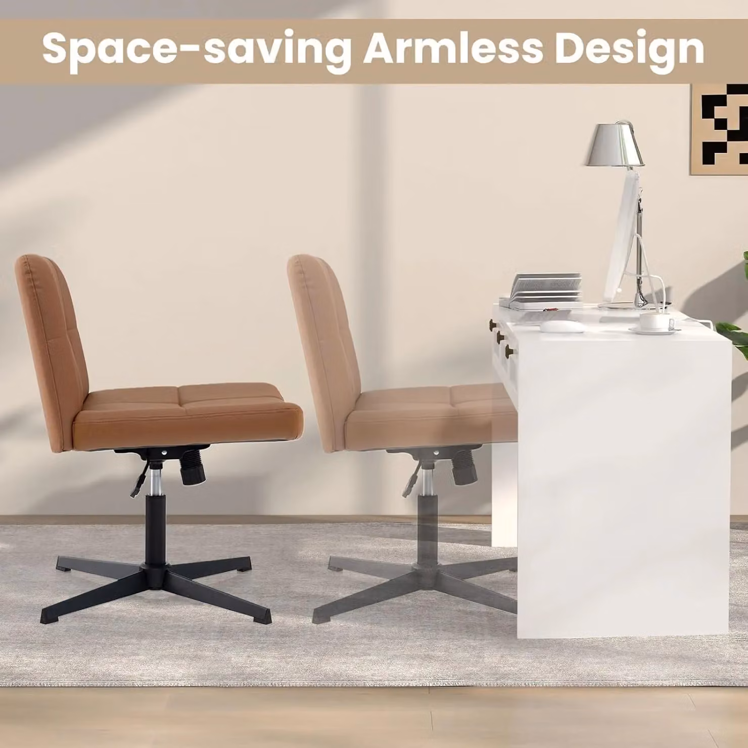 Gymax Brown Upholstered Swivel Office and Vanity Chair with Adjustable Height – 2