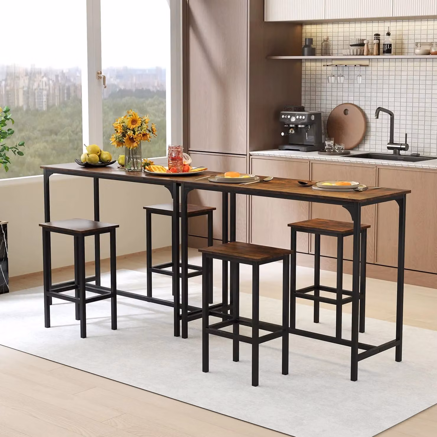 Gymax 3-Piece Industrial Dining Table Set with Counter-Height Rectangular Table and Chairs in Brown – 6
