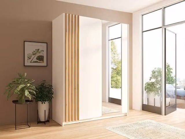 Vente-unique Sliding Door Wardrobe with Mirror in White and Natural, W: 150.6 cm, D: 62.0 cm, H: 198.5 cm