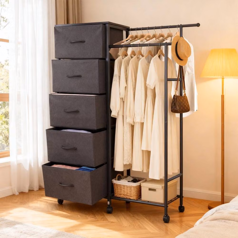 VOGREX Clothes Rail with 5 Fabric Drawers in Black, W/D/H: 126.5 x 30 x 30 cm – 2