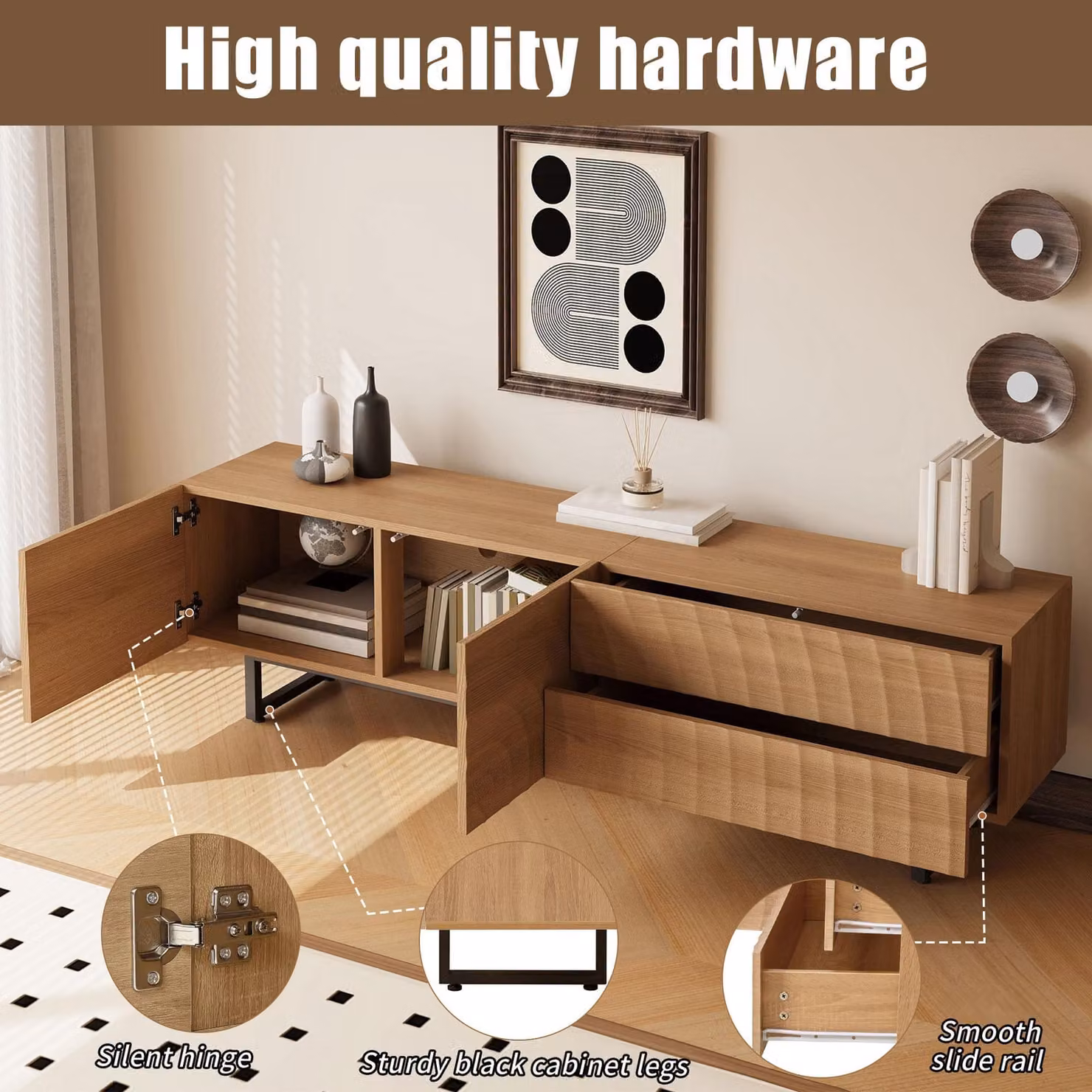 Aosom UK Scandinavian Style TV Cabinet with 2 Doors, 2 Drawers and Metal Legs, Wood and Metal, Black/Brown, W: 180 cm, D: 38 cm, H: 51.5 cm – 4