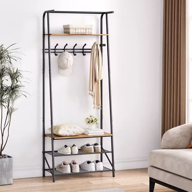 London Boutique 4-in-1 Industrial Hall Tree with Shoe Storage Bench and 5 Hooks in Brown