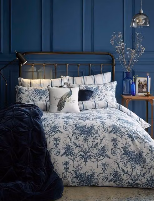 Laura Ashley Tuleries Pure Cotton Sateen Bedding Set, Dark Navy Blue, 140 x 200 cm